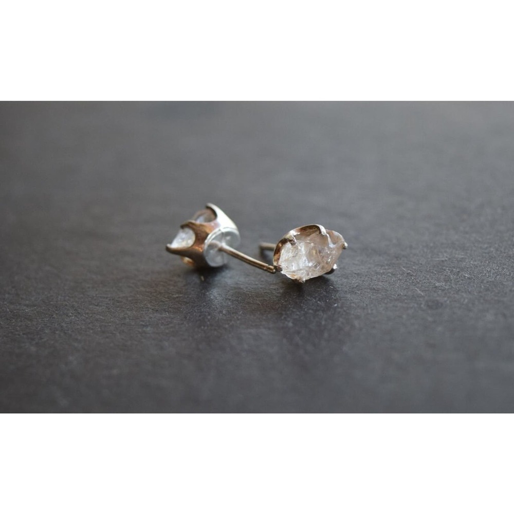 Sterling silver stud earrings, alternative diamond, uncut natural gemsto…